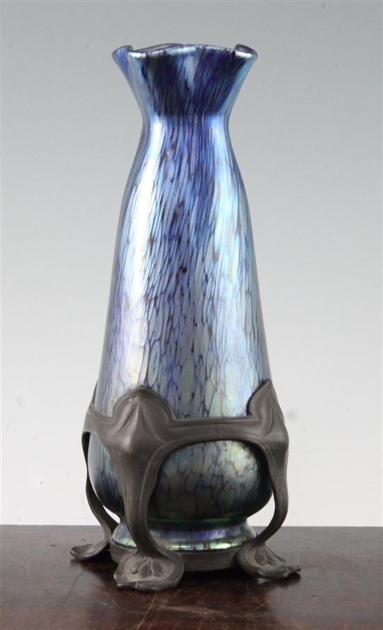 An Art Nouveau Loetz iridescent glass and pewter mounted bottle vase, c.1895, 25cm